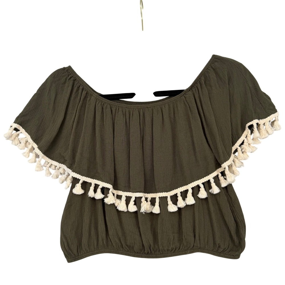 Lavender Field Olive Green Off Shoulder Tassel Ruffle Crop Top Boho Cottagecore
